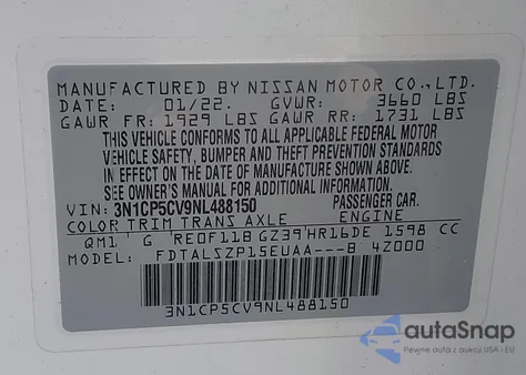 2022 Nissan Kicks Sv z USA, uszkodzony, nr VIN 3N1CP5CV9NL488150